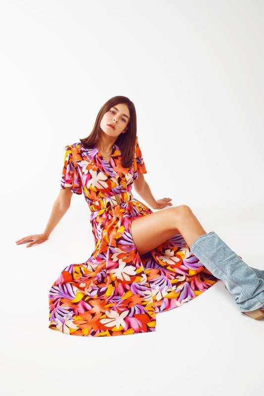 Robe longue plissée à col en V multicolore