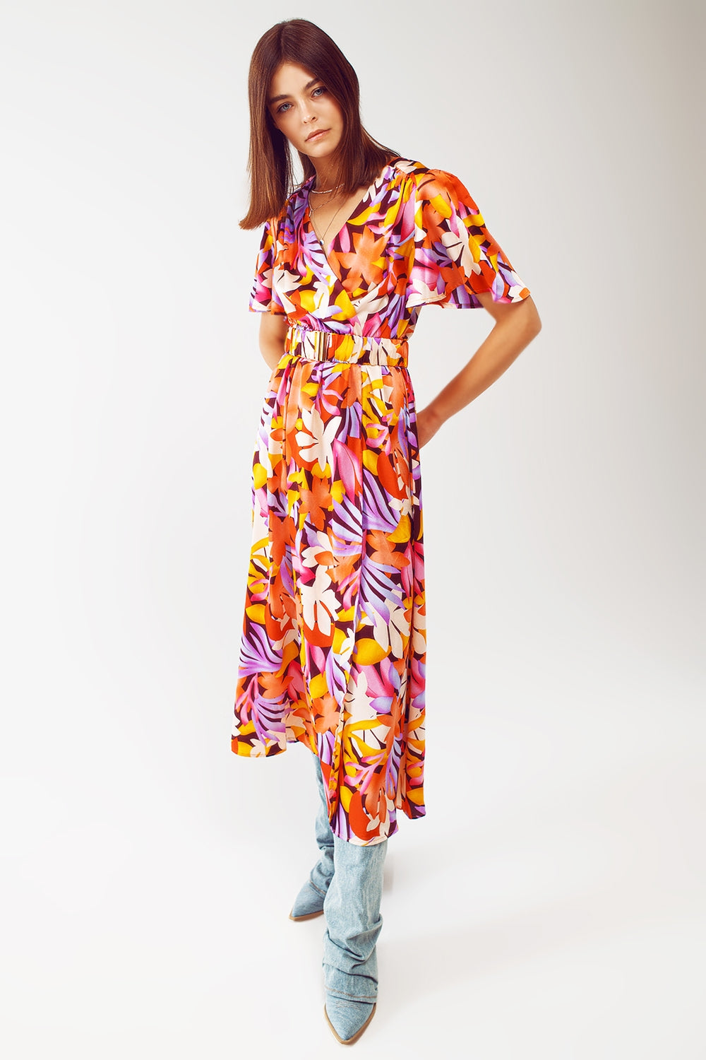 Robe longue plissée à col en V multicolore