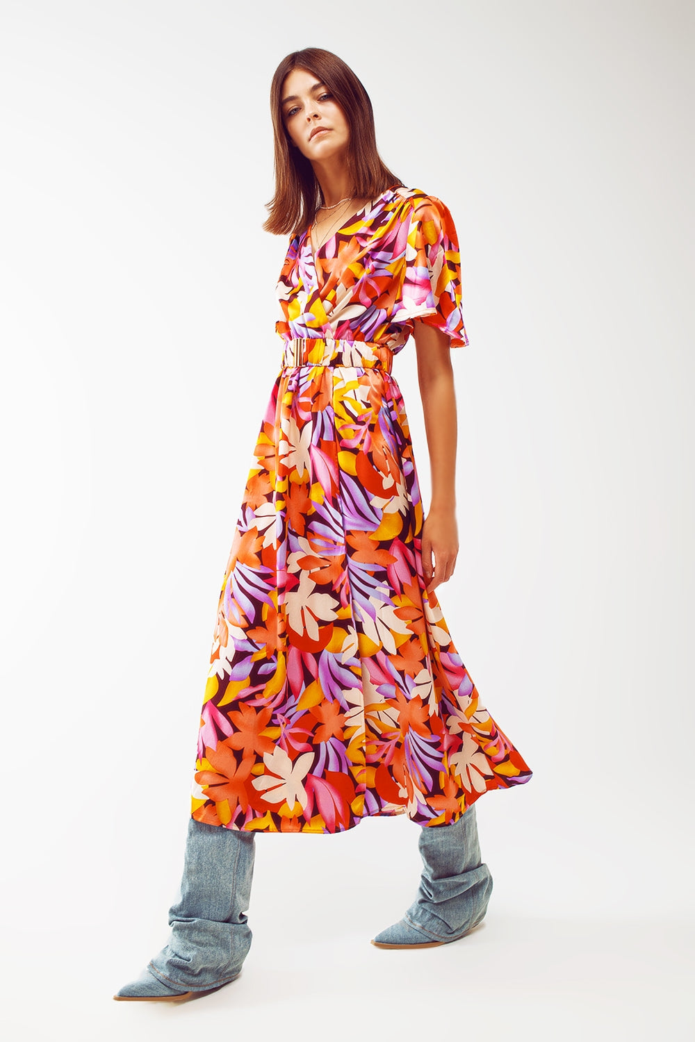 Robe longue plissée à col en V multicolore