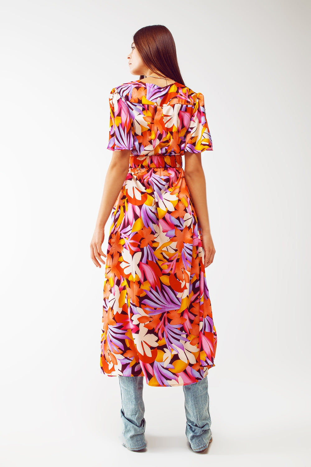 Robe longue plissée à col en V multicolore
