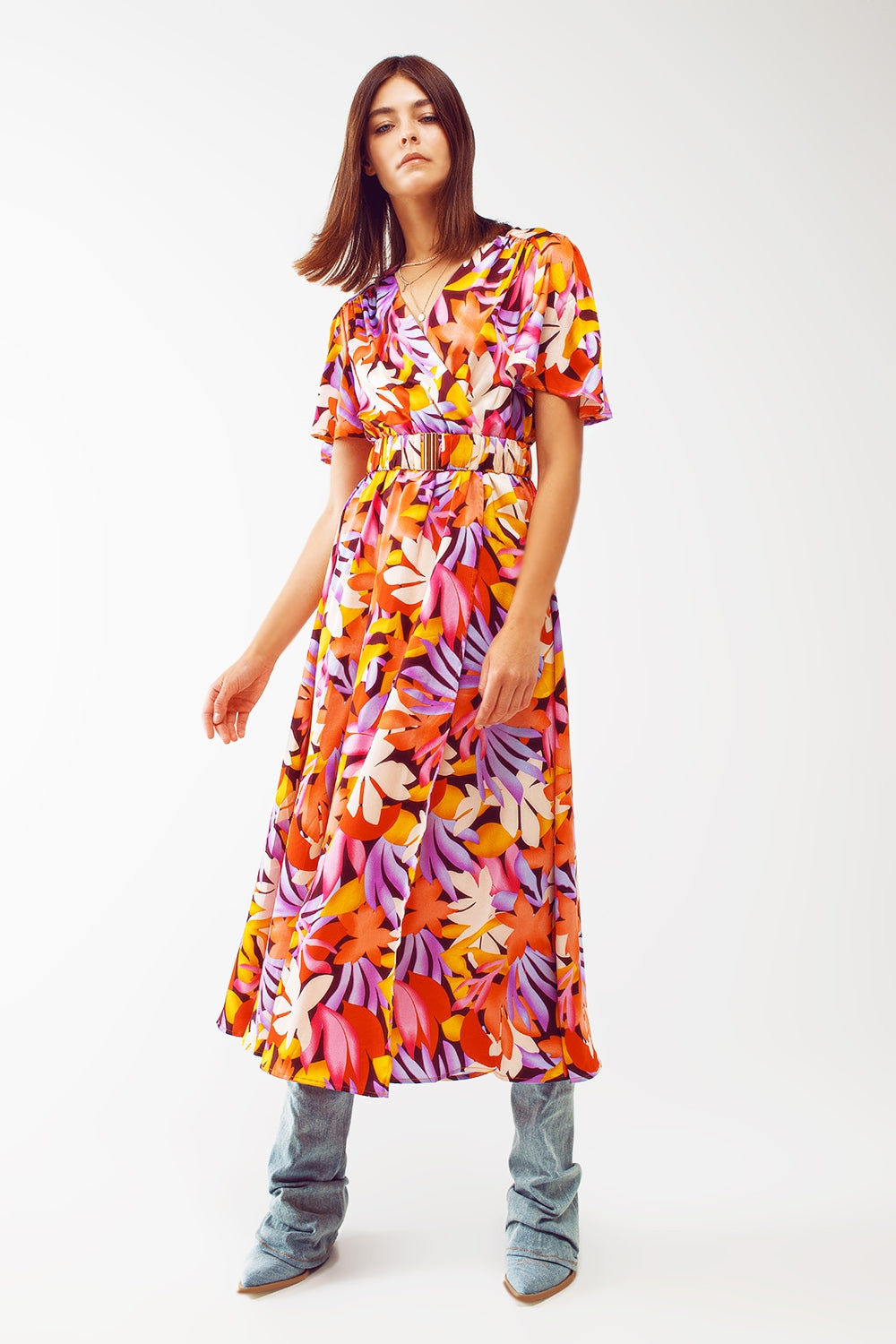 Robe longue plissée à col en V multicolore