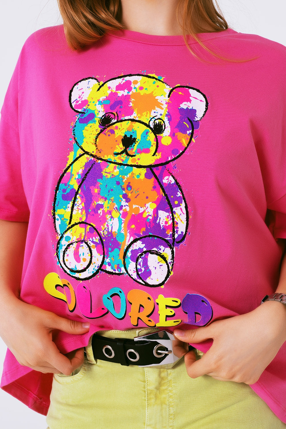 tee-shirt fuchsia ample avec ours coloré