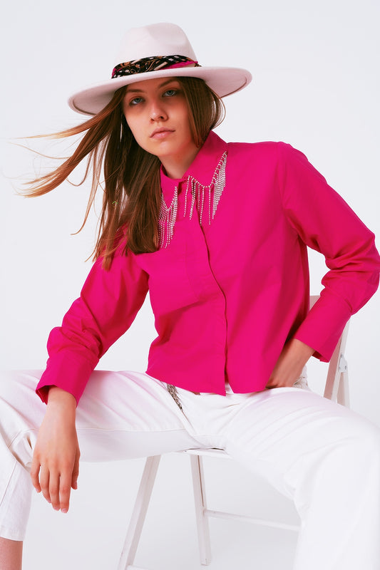 Chemise avec col à franges et strass en fuxia