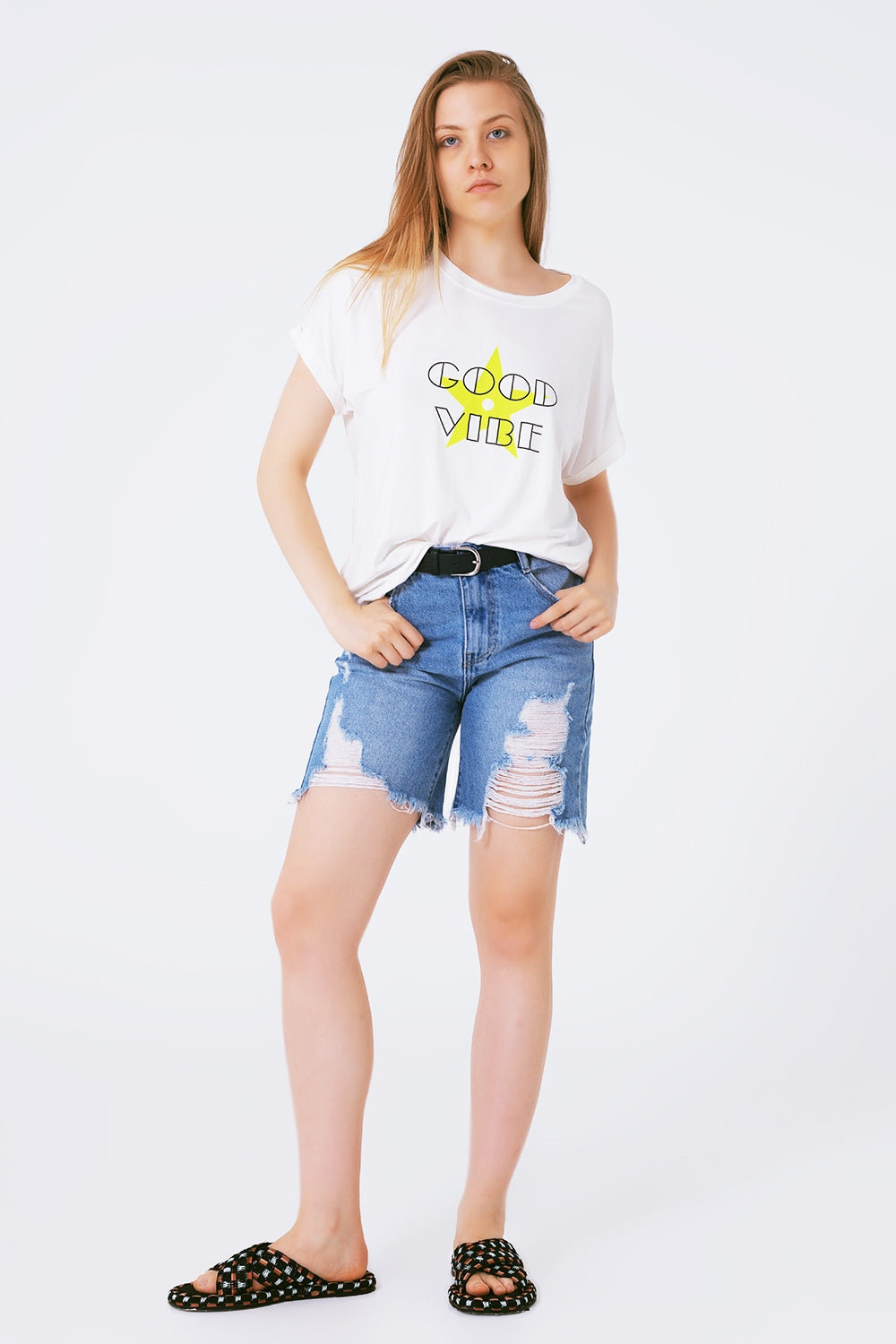 Tee-Shirt Encolure bateau Coupe décontractée Imprimé good vibe fluor