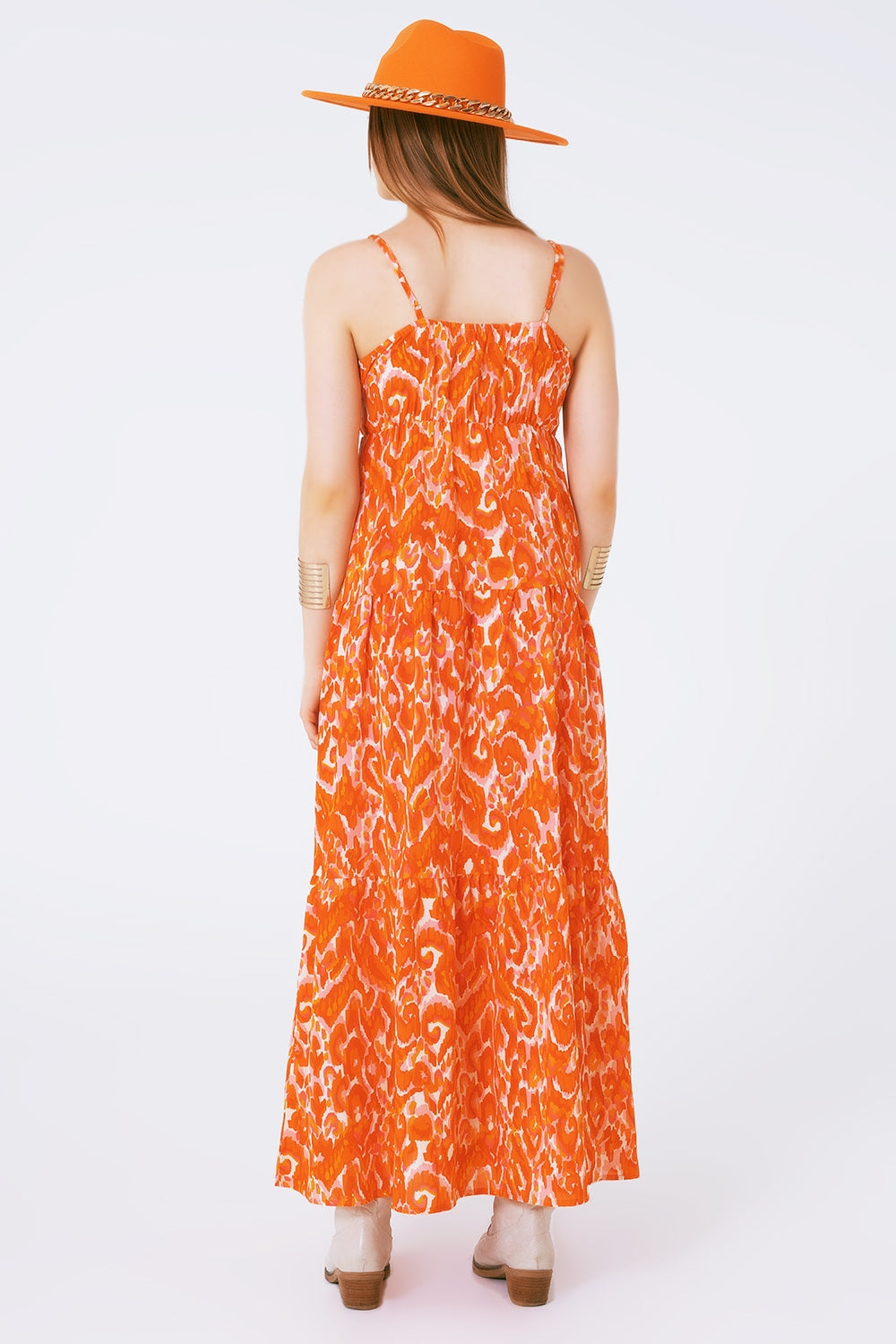 Robe longue imprimée fleurie avec décolleté en V en orange