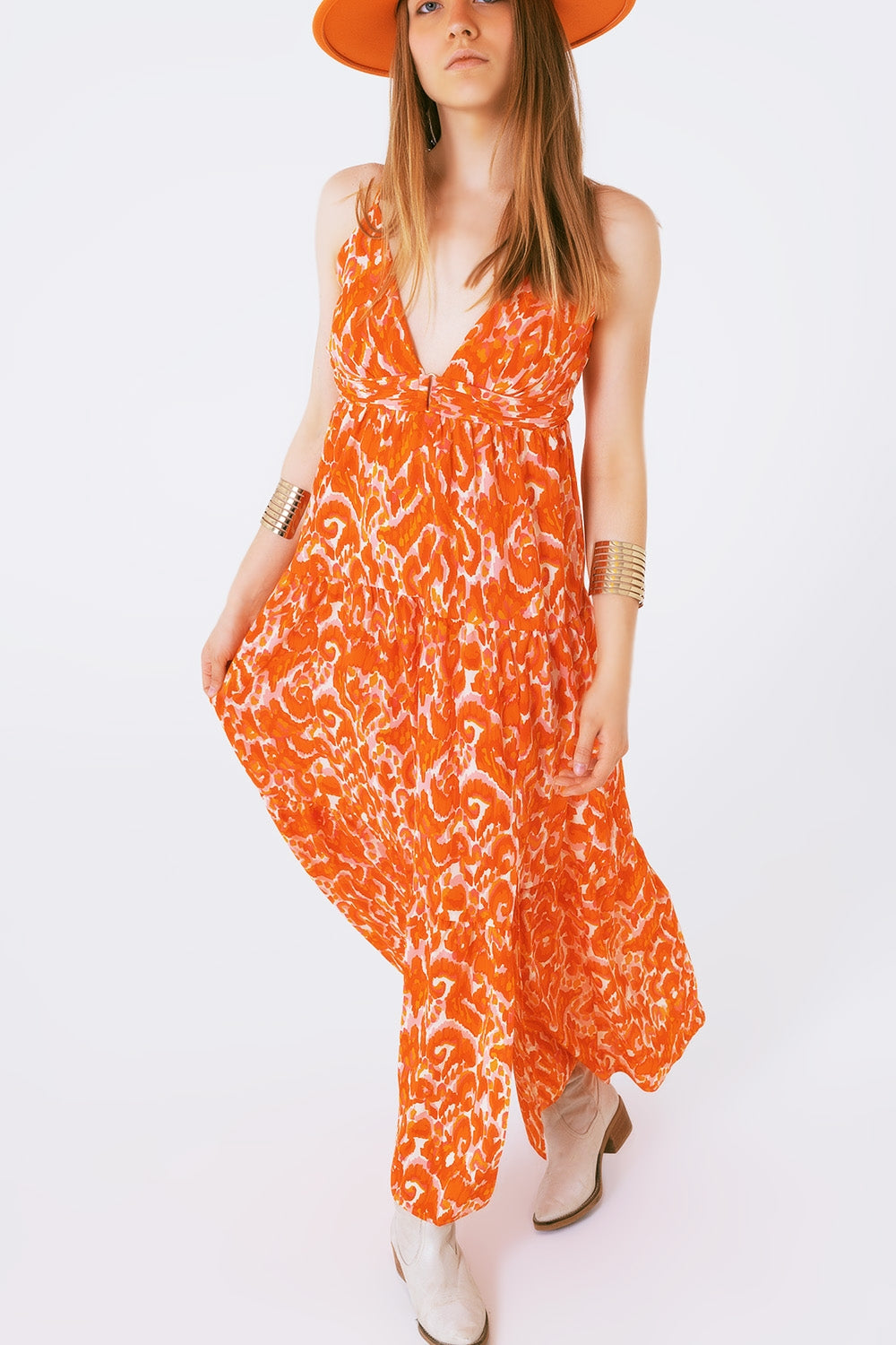 Robe longue imprimée fleurie avec décolleté en V en orange