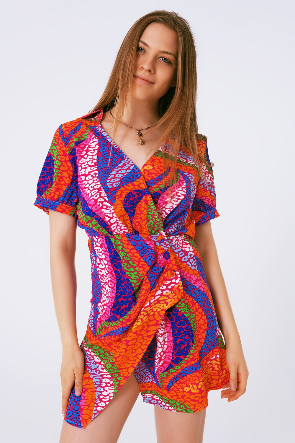 mini-robe portefeuille imprimée multicolore rose
