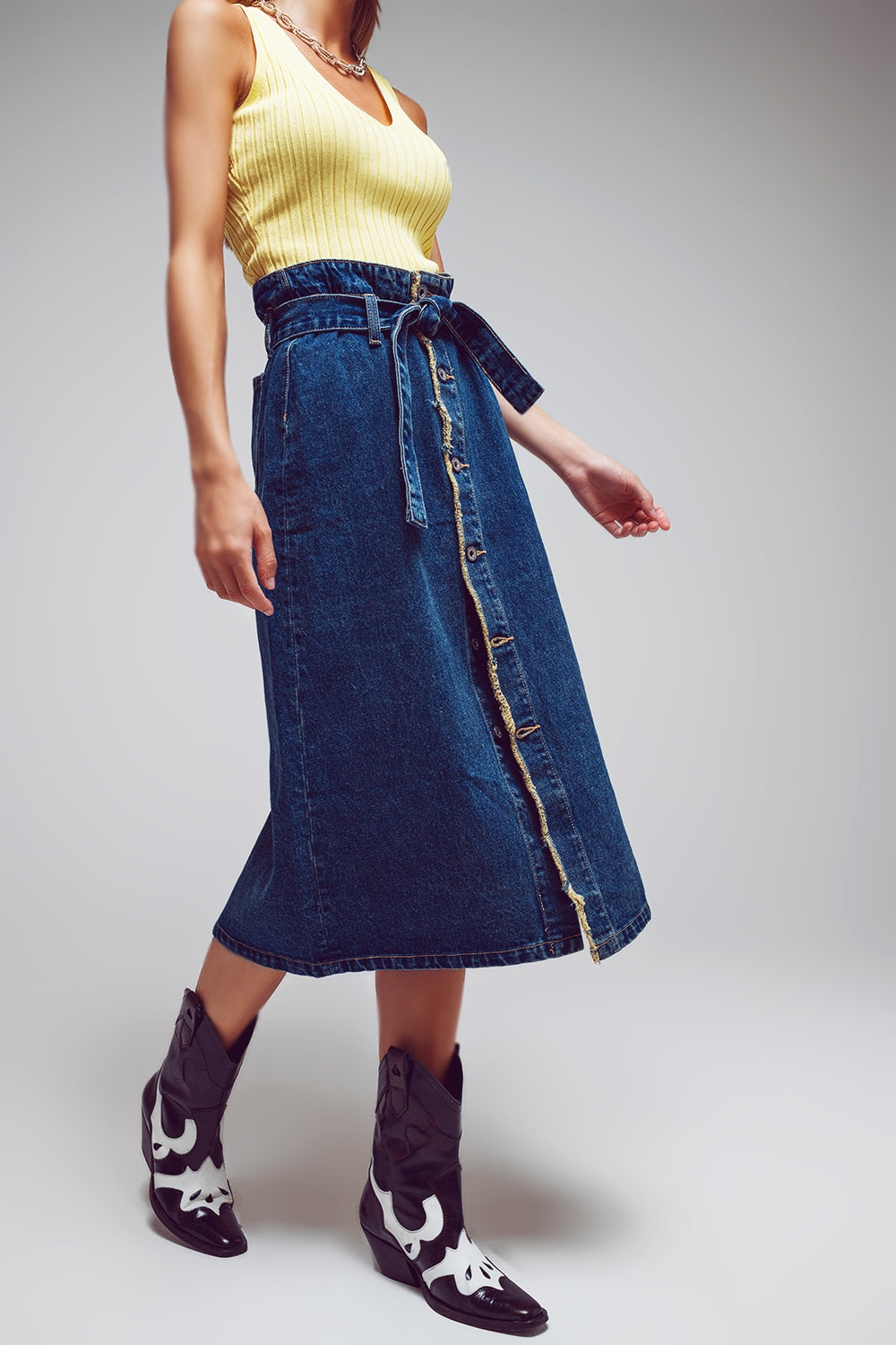 jupe longue boutonnée en jean à ceinture