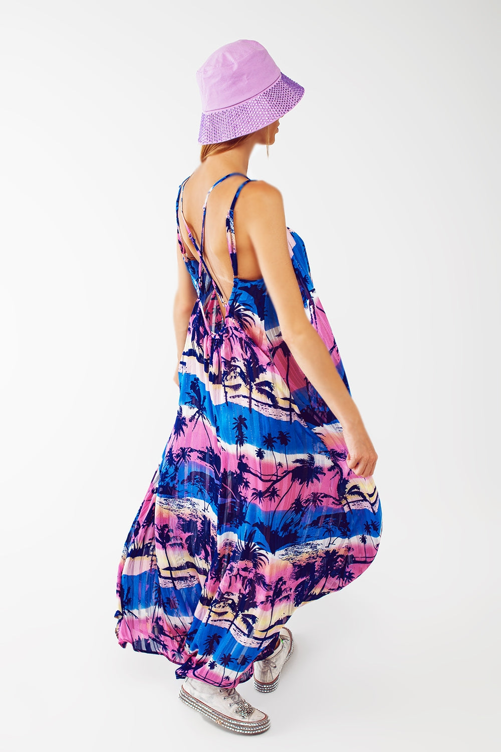 Robe longue décontractée à dos ouvert à imprimé bleu tropical
