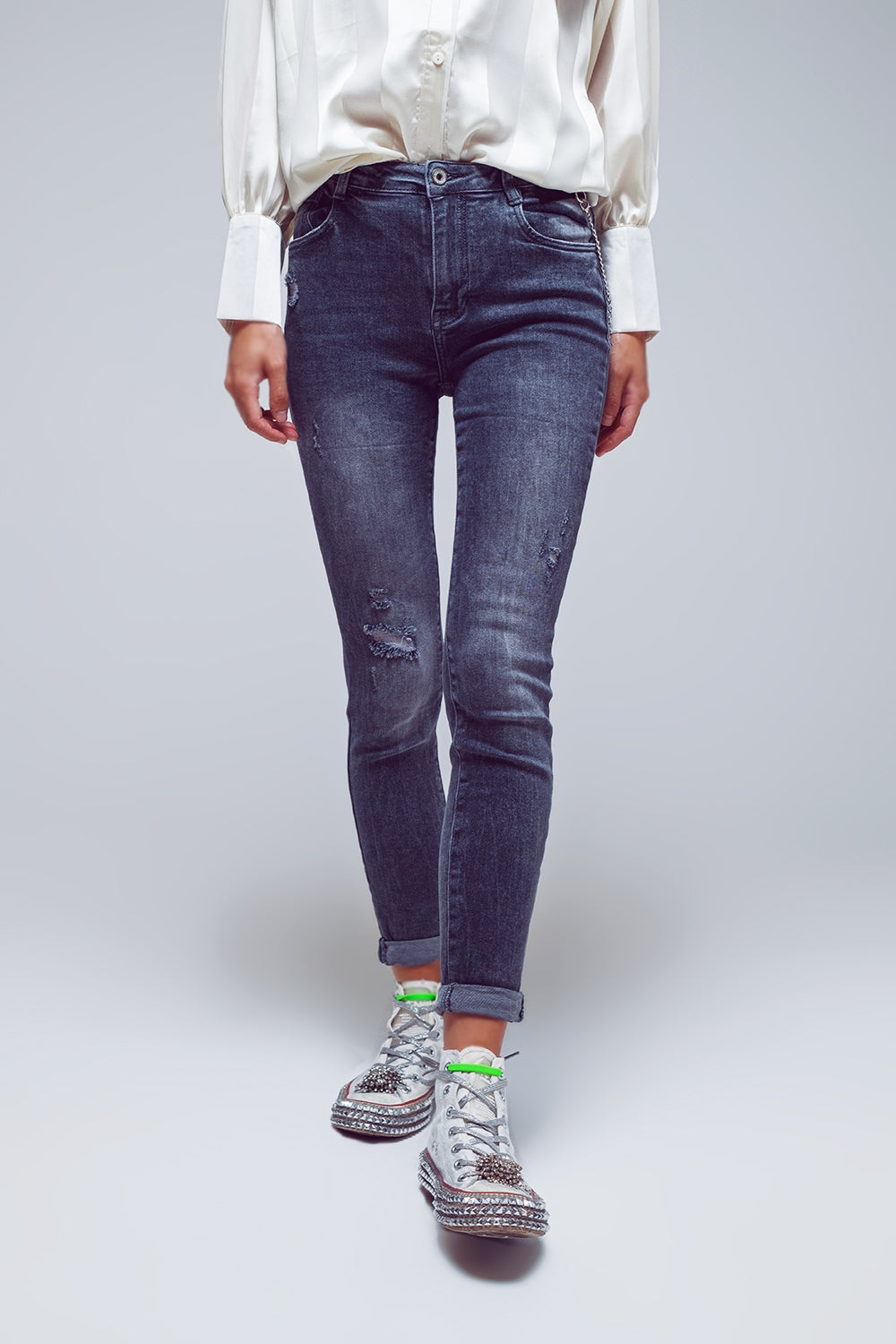 Jeans skinny déchirés en gris