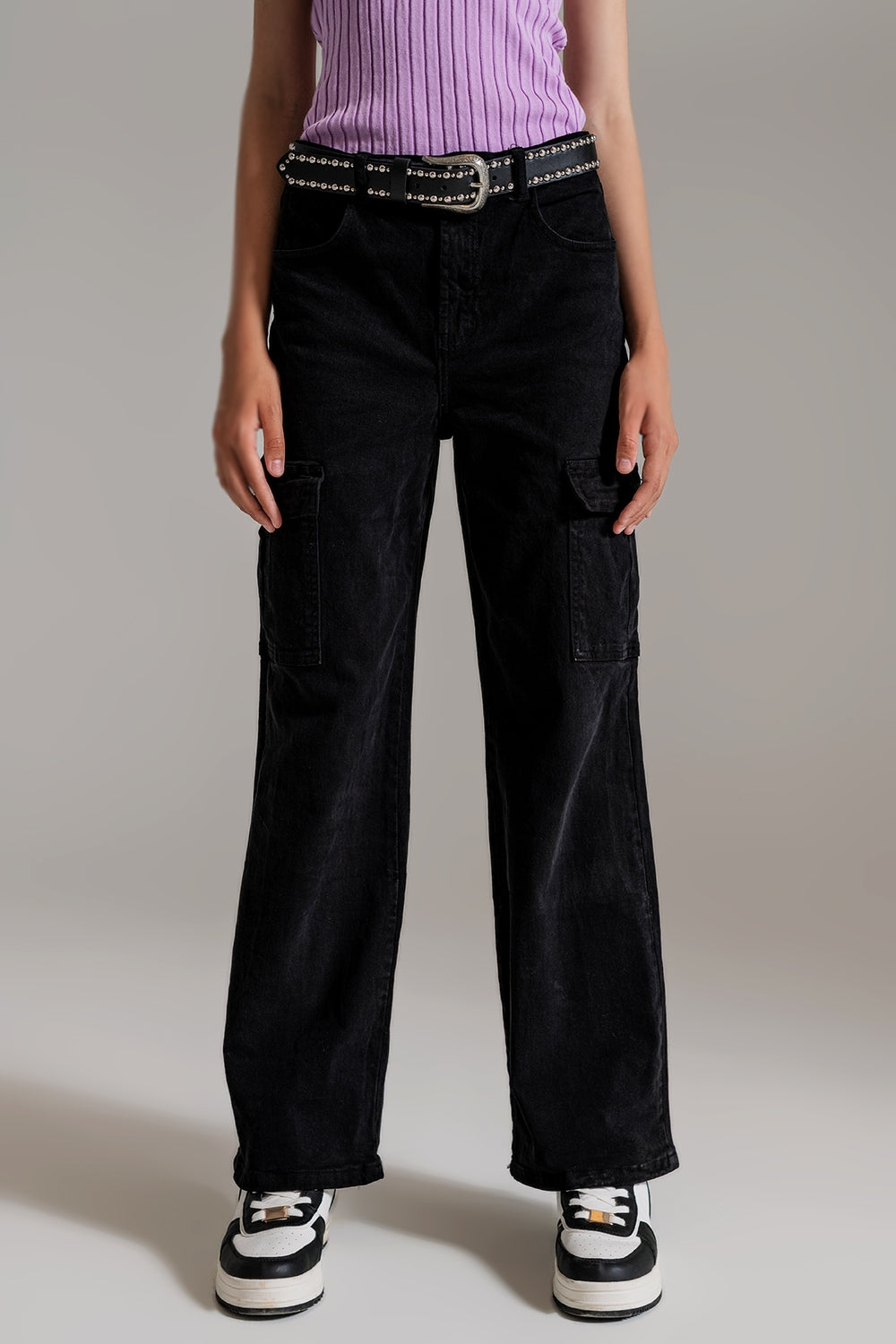 Pantalon cargo droit en noir