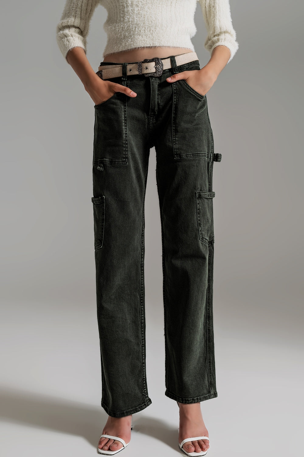 Pantalon cargo à jambes droites en vert foncé
