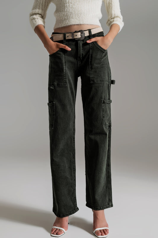 Pantalon cargo à jambes droites en vert foncé