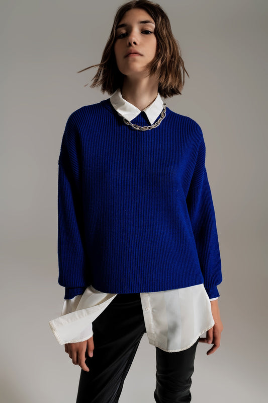 Pull bleu épais et décontracté en tricot épais