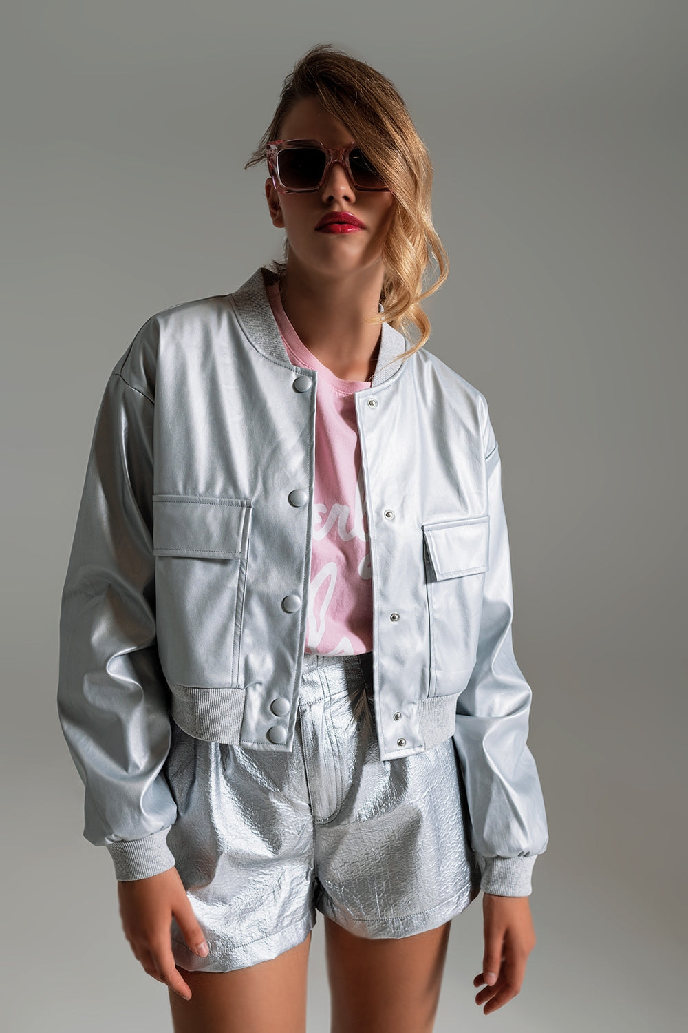 Veste bomber métallique avec poches avant en argent