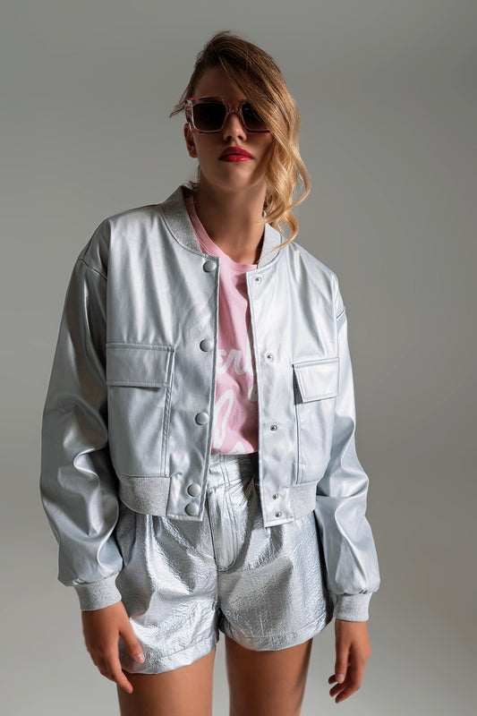 Veste bomber métallique avec poches avant en argent