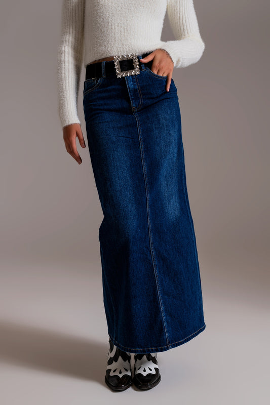 Jupe longue en denim stretch style années 90 en lavage foncé