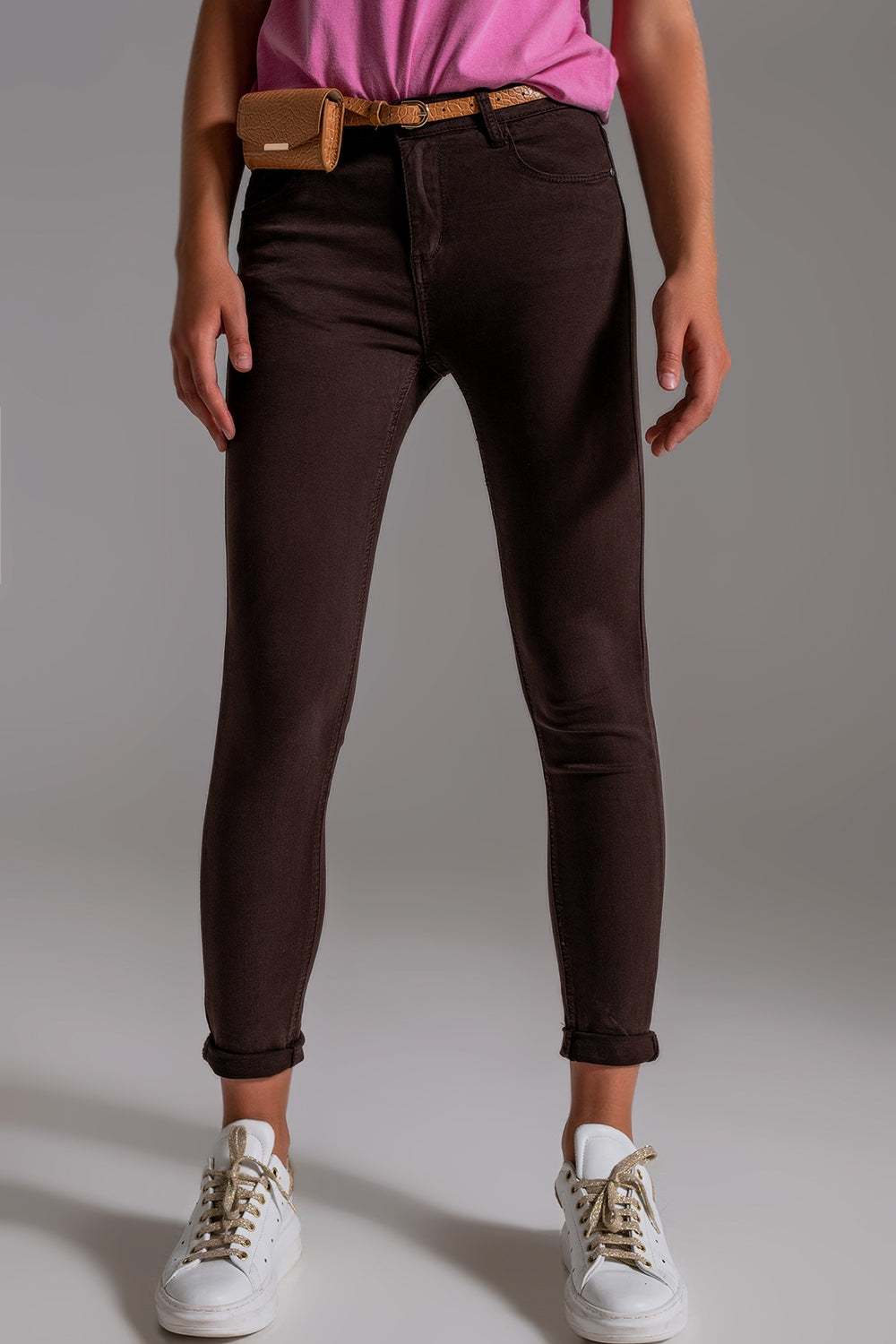 Jean skinny taille haute en marron