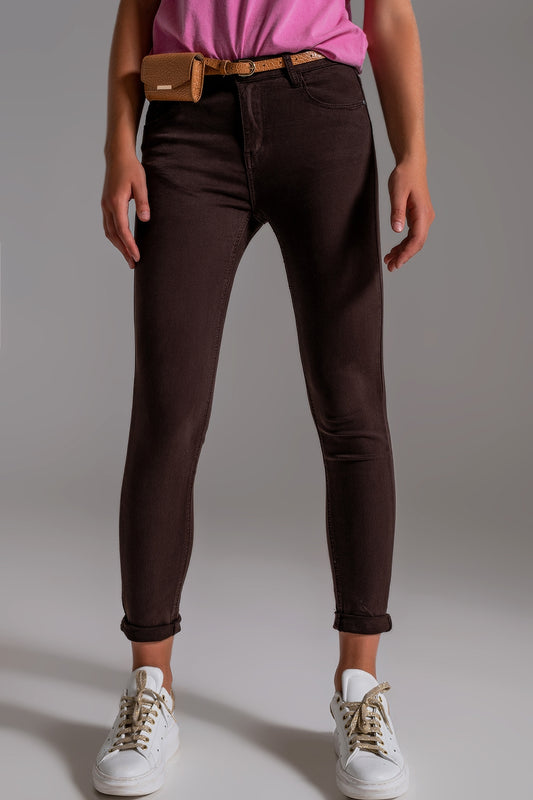 Jean skinny taille haute en marron