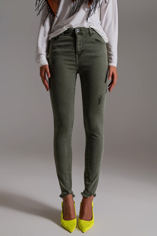 Jean skinny taille haute kaki