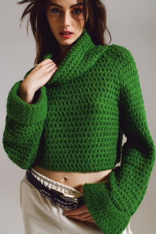 Pull à col roulé et poignets retroussés en tricot de gaufre vert