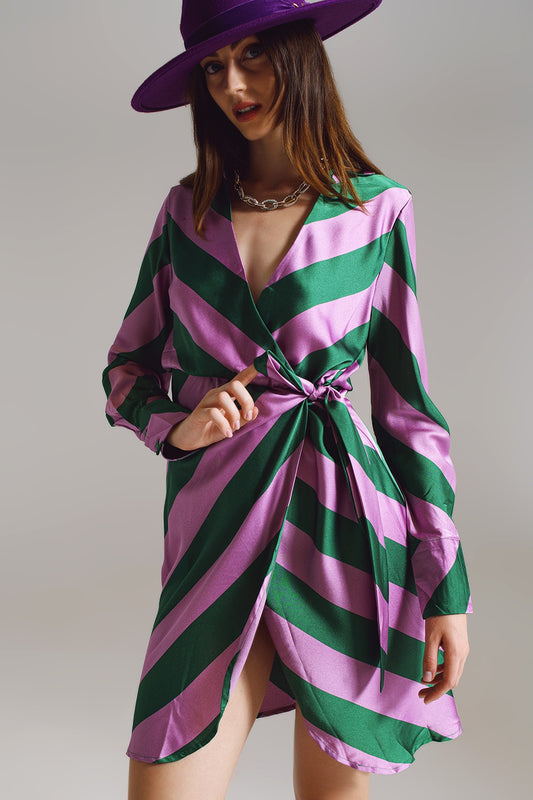 Robe portefeuille en satin à imprimé rayé lilas et vert