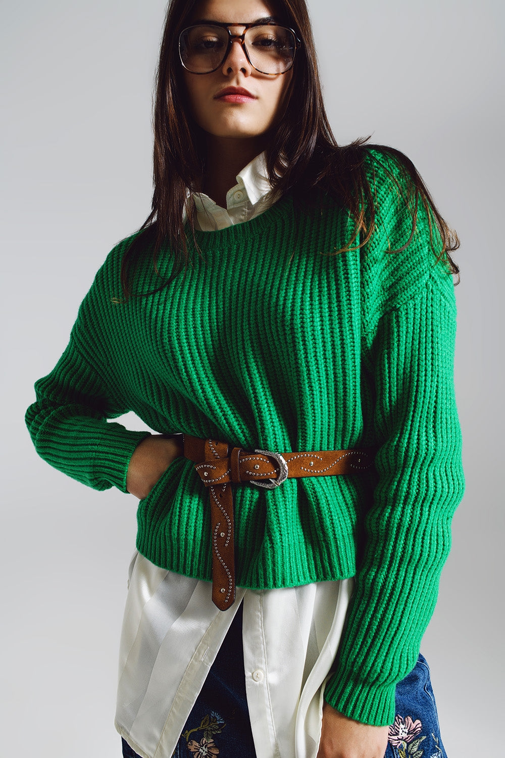 Pull côtelé vert vif décontracté