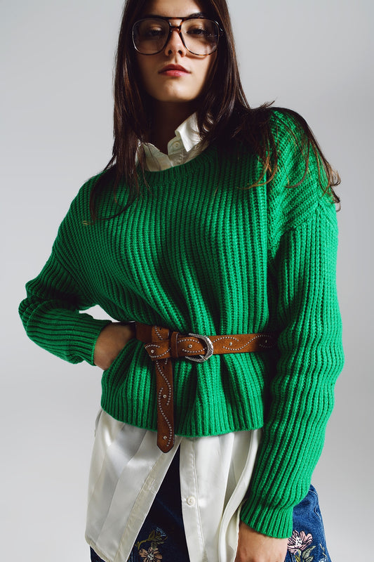 Pull côtelé vert vif décontracté