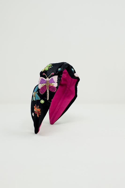 Bandeau noir avec papillons et fleurs brodées