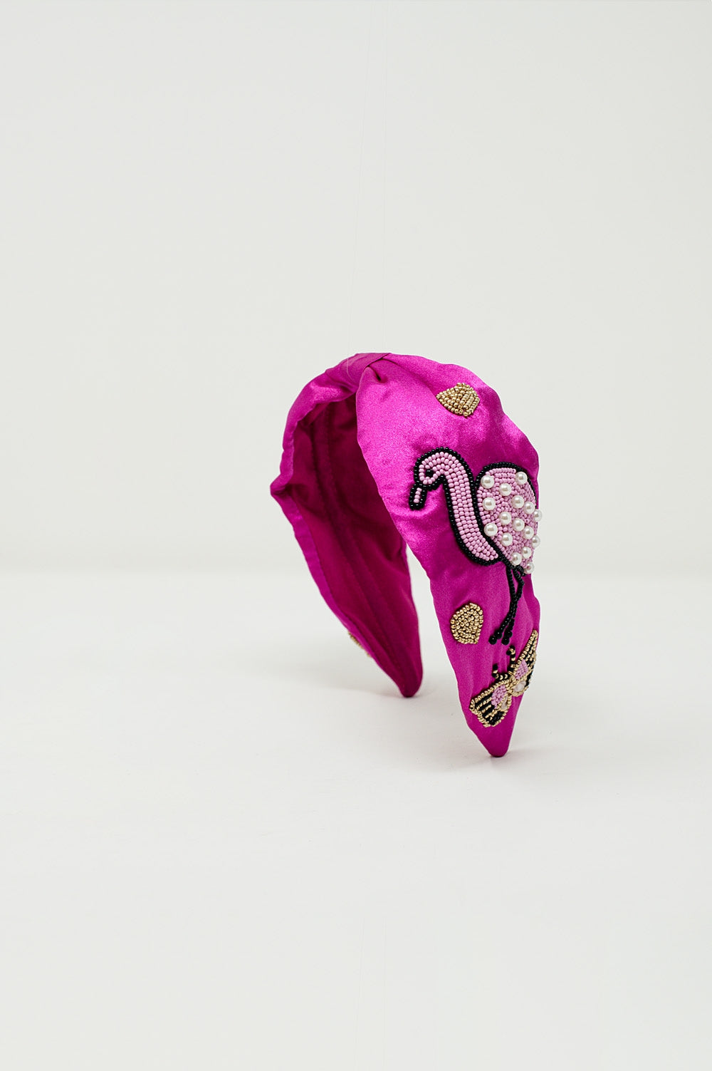 Bandeau en satin fuchsia avec flamants brodés