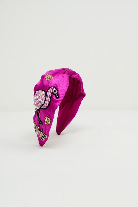 Bandeau en satin fuchsia avec flamants brodés