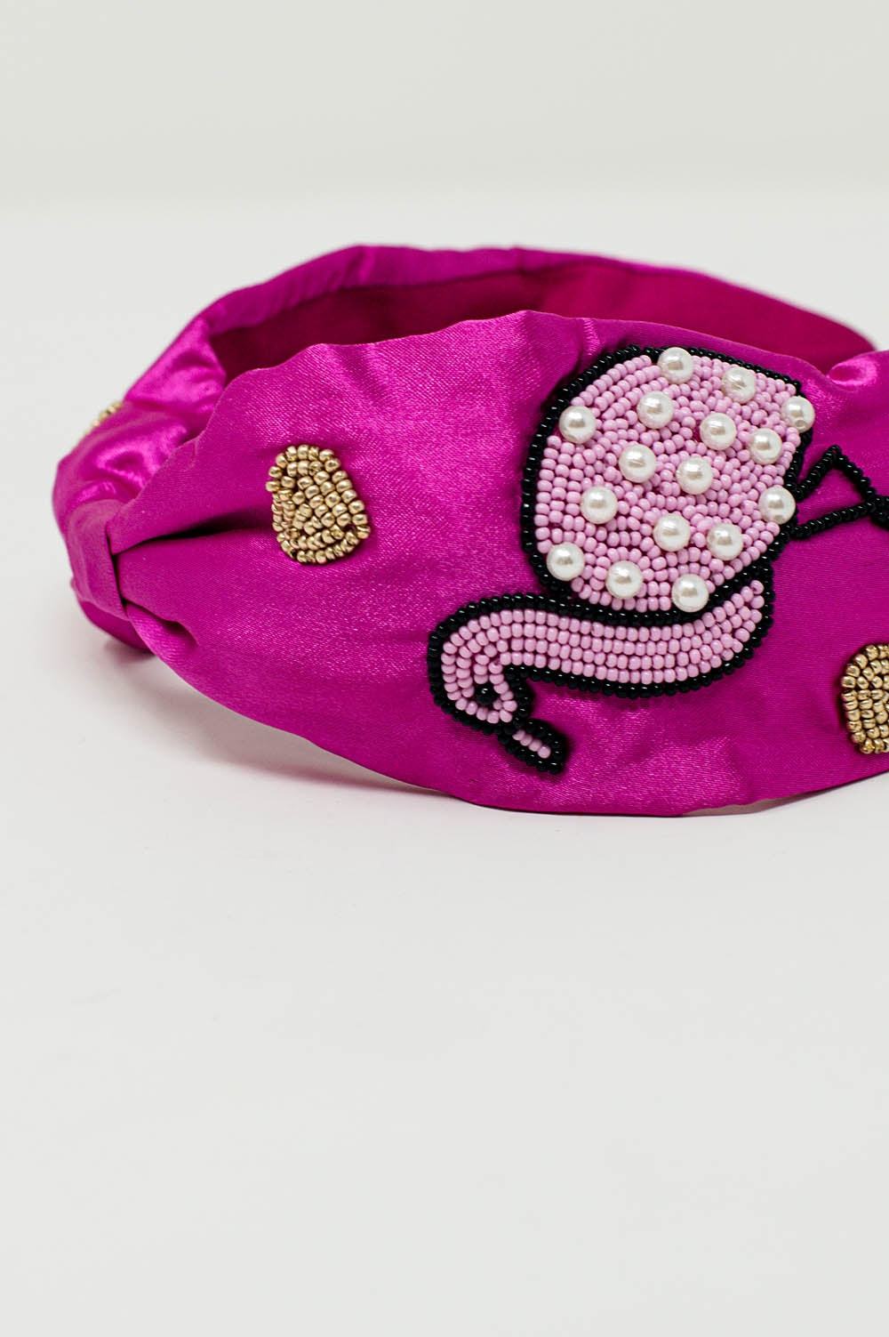 Bandeau en satin fuchsia avec flamants brodés