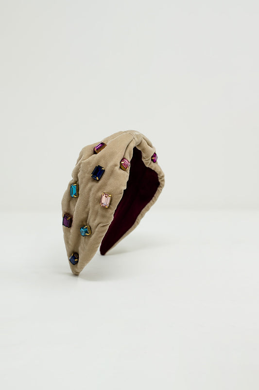 Bandeau en velours beige avec incrustations de strass