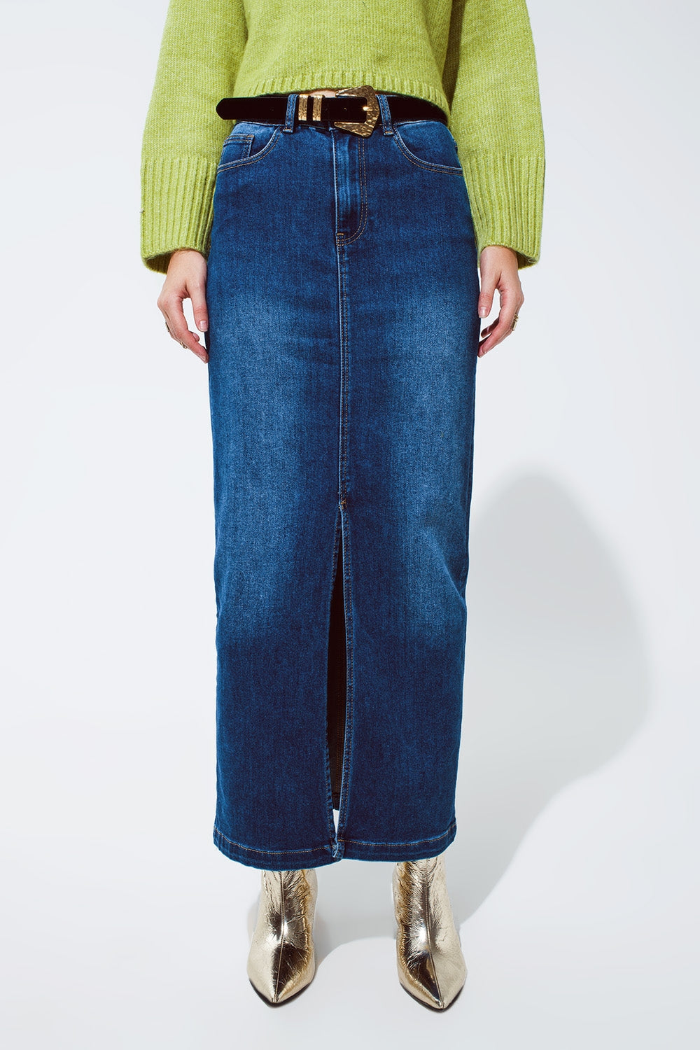 Jupe longue en jean stretch avec fente à l'avant en lavage moyen