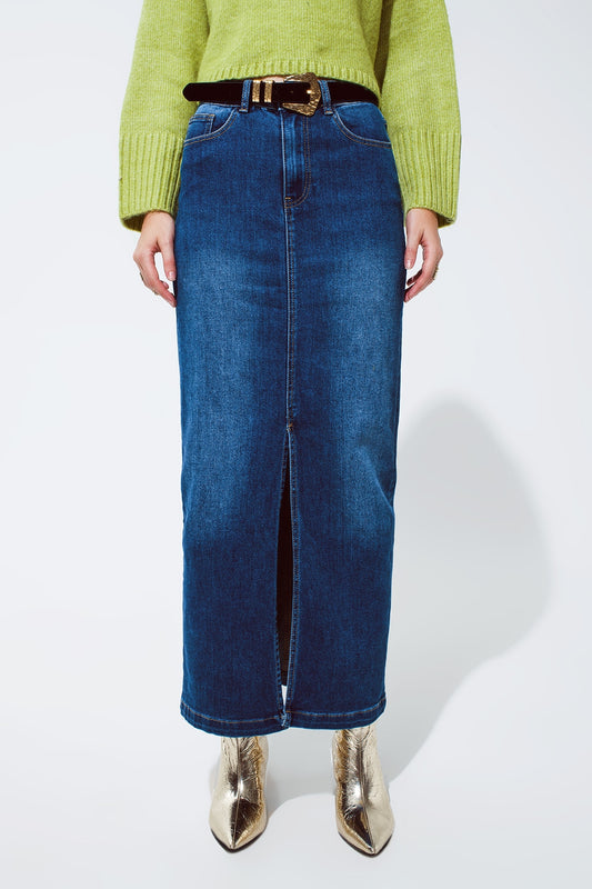 Jupe longue en jean stretch avec fente à l'avant en lavage moyen