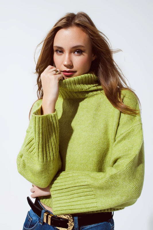 Pull à col roulé court en maille épaisse vert