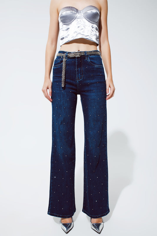 Jean droit avec détail strass en bleu