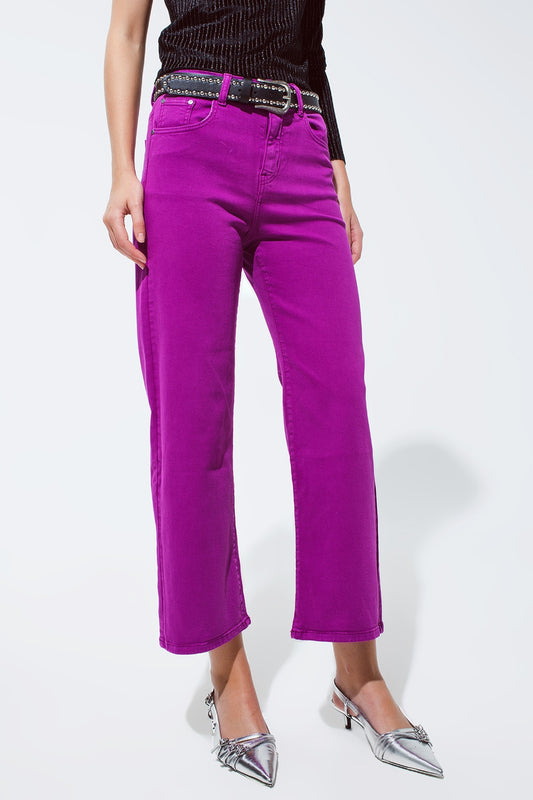 Jean large à jambe large coupée en violette longueur 3/4