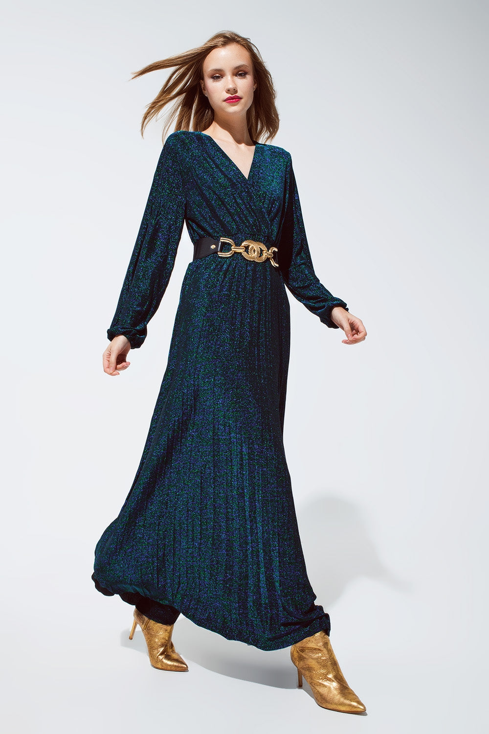 Robe maxi à manches longues avec paillettes en vert