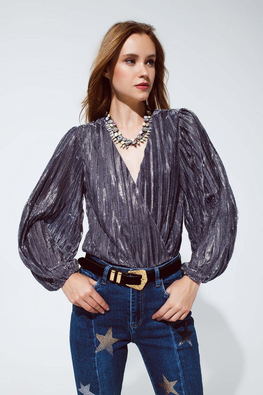 Body brillant lurex avec un Col V Profond en Argent