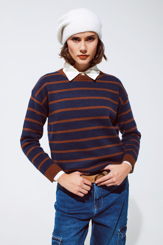 Pull ras du cou à rayures en marine et orange rouille