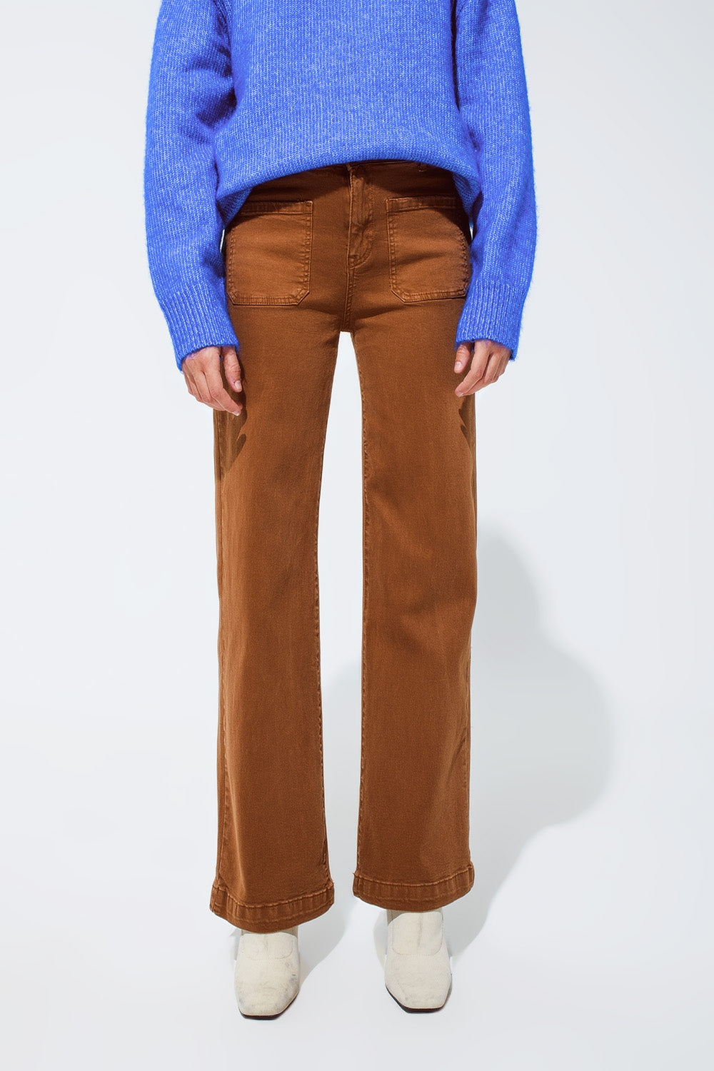 jean flare à taille haute et poche avant camel