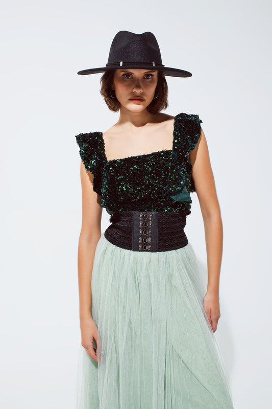 Top croisé à paillettes en vert avec larges bretelles