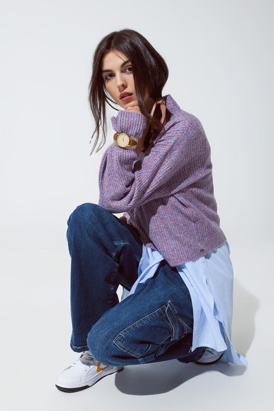 Pull à col roulé côtelé doux violet