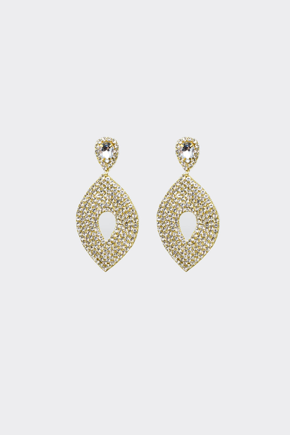 Longues boucles d'oreilles rhomboïdales avec un gros bijou central et des détails en strass