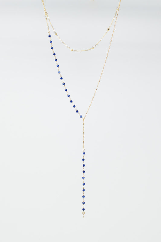 Collier 2 en 1 avec perles bleues et dorées