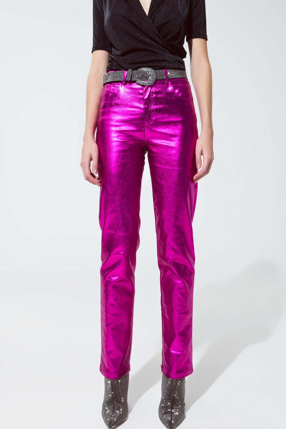 Pantalon droit métallisé Fuchsia