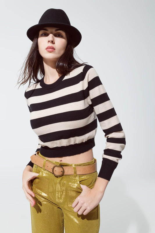 Sweatshirt à col ras du cou avec motif rayé noir et beige
