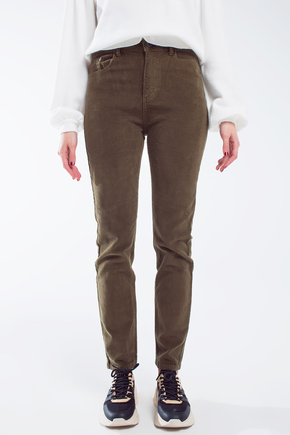 Pantalon skinny en velours côtelé vert olive