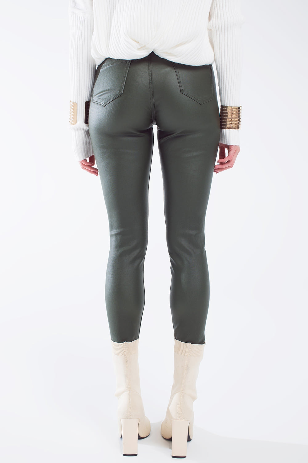 pantalon super skinny à effet simili-cuir vert olive